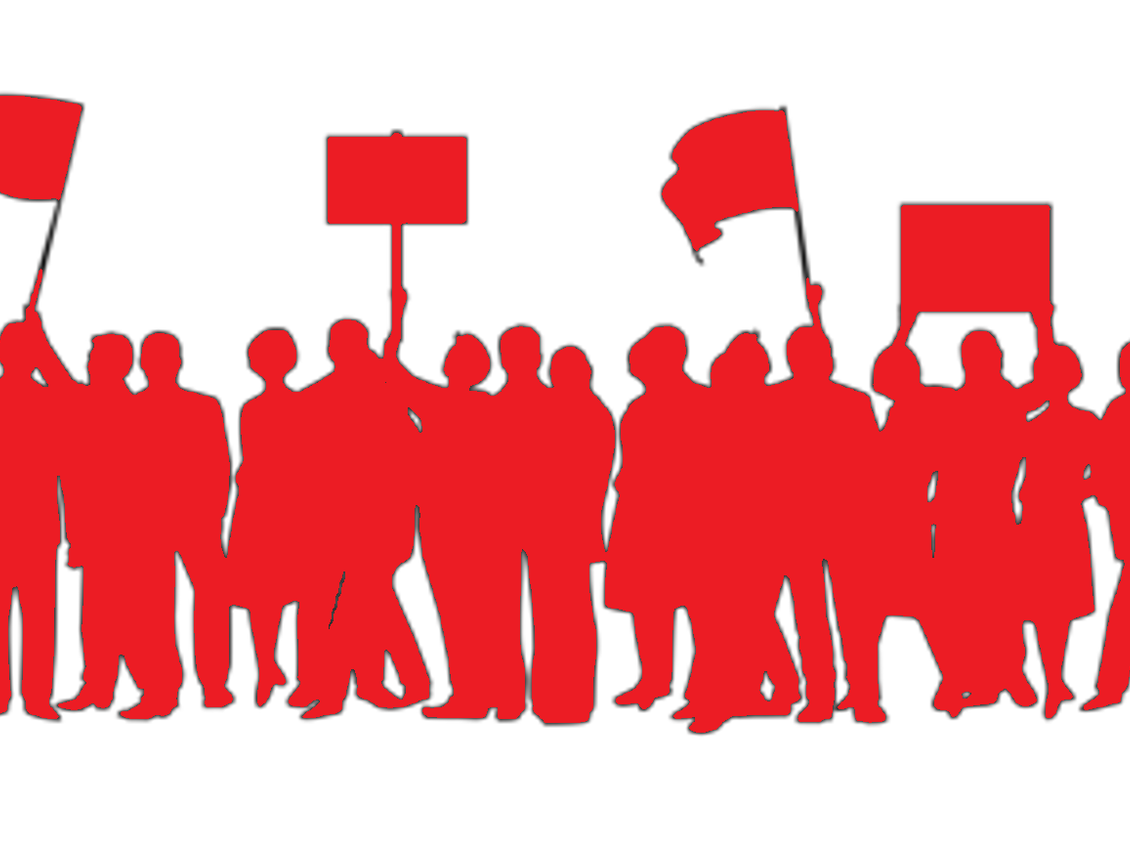 Die Grafik zeigt eine stilisierte Gruppe von Menschen, die demonstrieren.