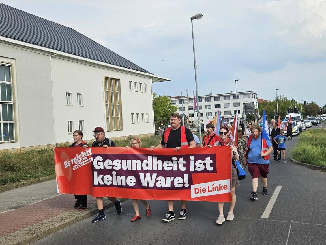 Das Foto zeigt mehrere Personen bei einer Demo auf einer Straße.