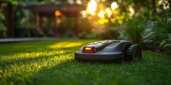 Das Foto zeigt ein Rasen bei untergehender Sonne. Auf dem Rasen fährt ein Mähroboter.